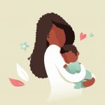 Mom holding child with flowers and hearts surrounding